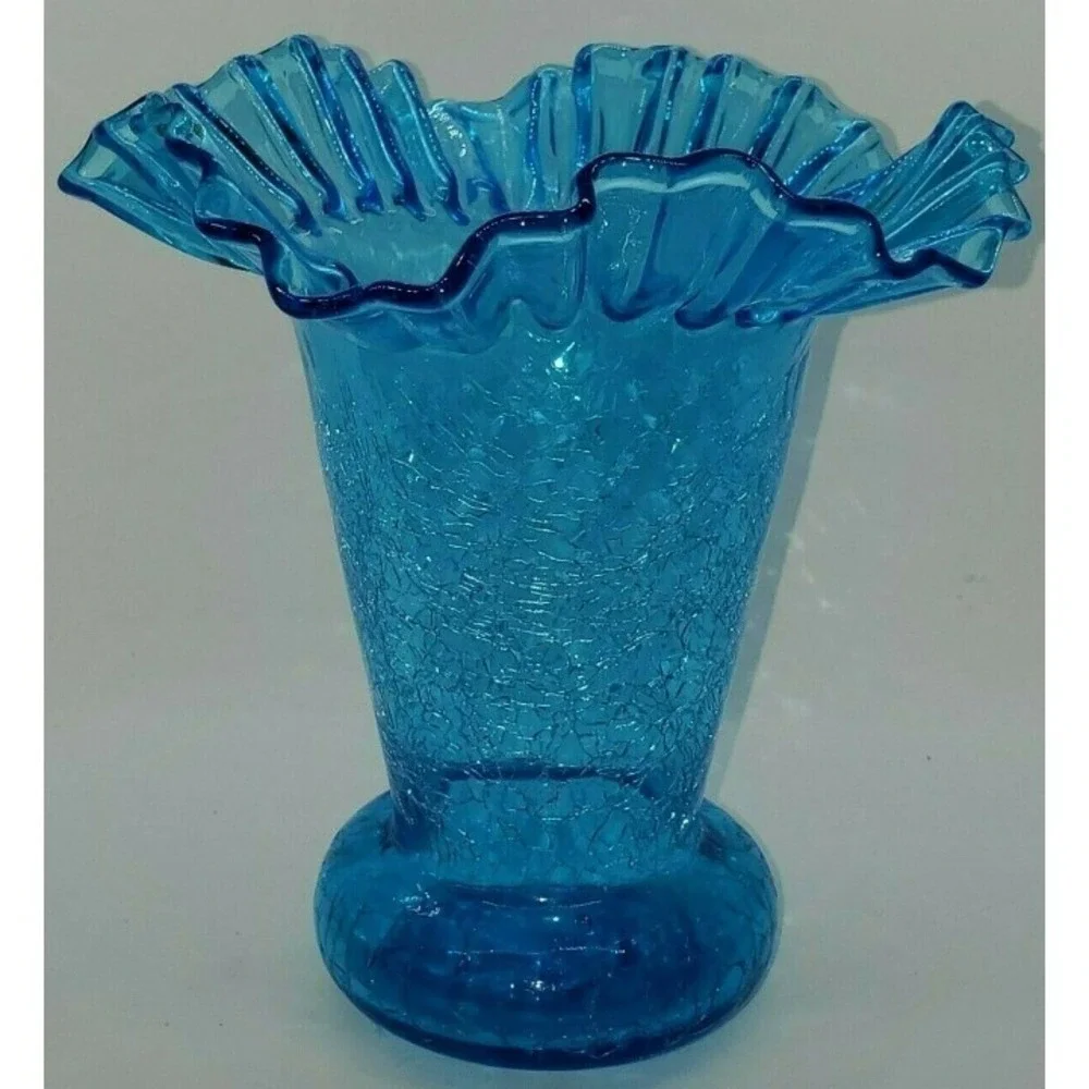 Vintage 1940's Beacon Glass Azure Blue Hand Blown Ruffle Crackle Vase  MCM  1of2